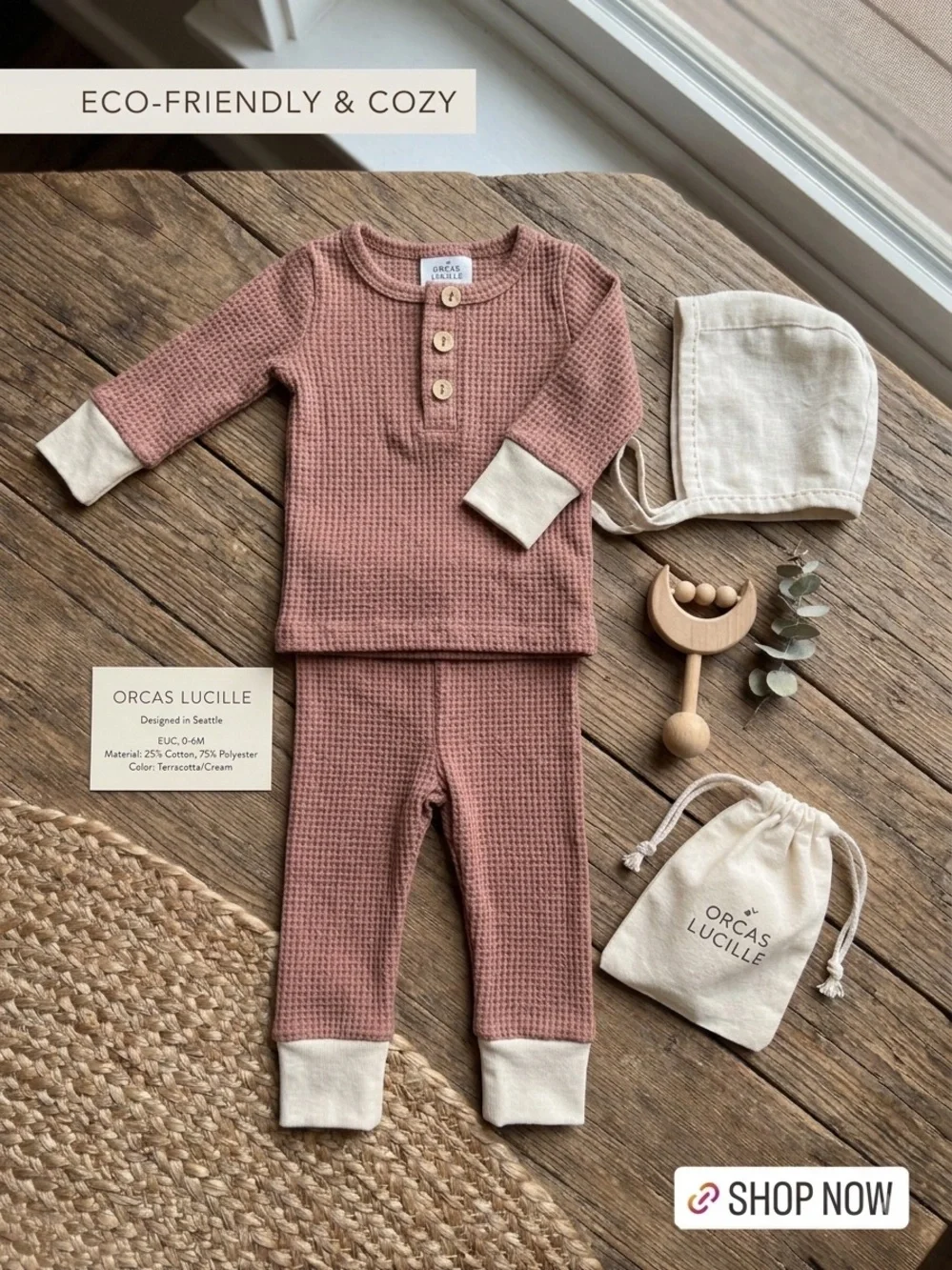 Orcas Lucille Terracotta Waffle Knit 2-Piece Set Rust Henley Long Sleeve 0-6M